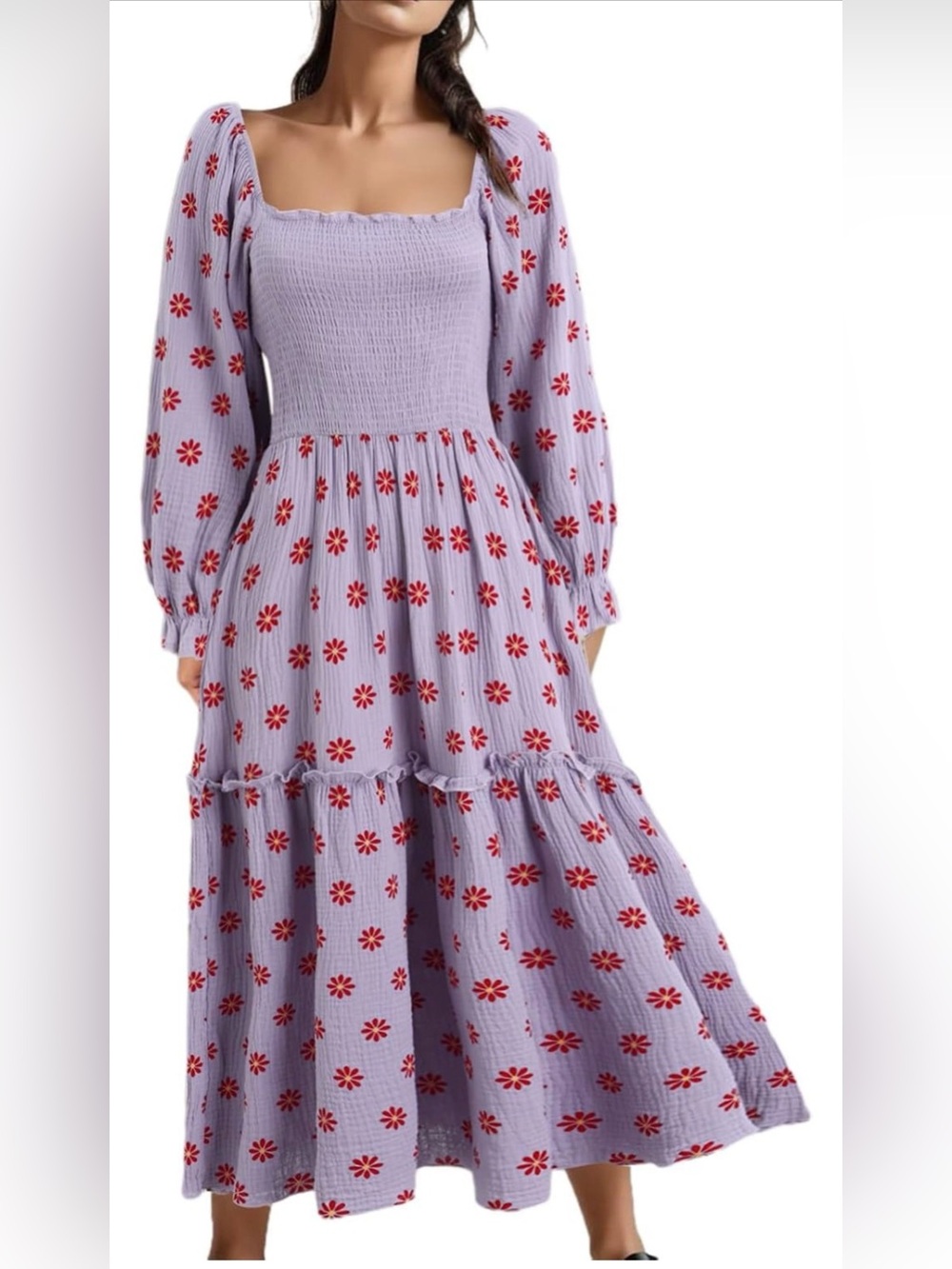 Lavender Long Sleeve Floral Smocked Midi Dress